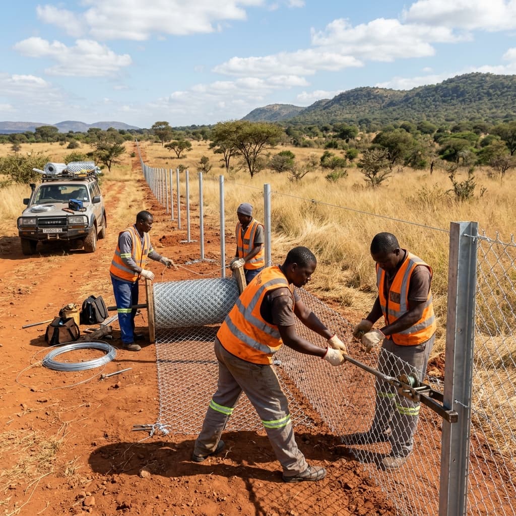 Fence installation team at work in Zimbabwe